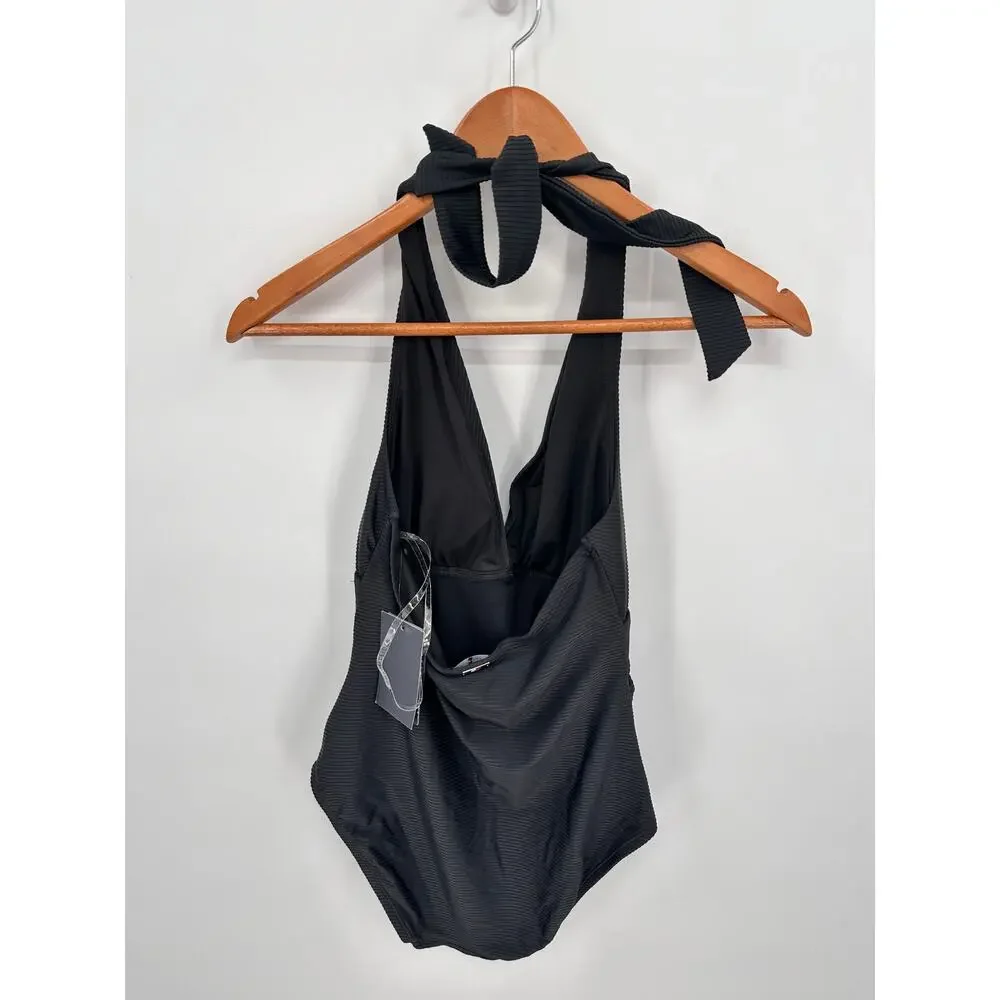 TOMMY HILFIGER NWT Black Plunge Halter Swim Suit // 8